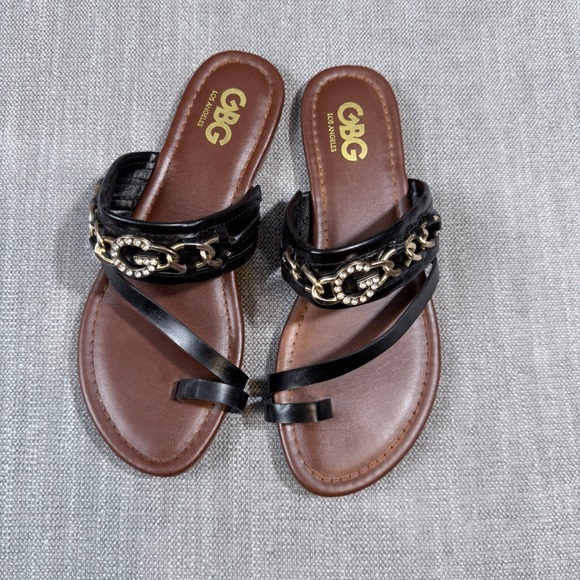 GBG Los Angeles Shoes - GBG Los Angeles Womens Black Brown Chain Rhinestone Toe Loop Sandals Size 8M